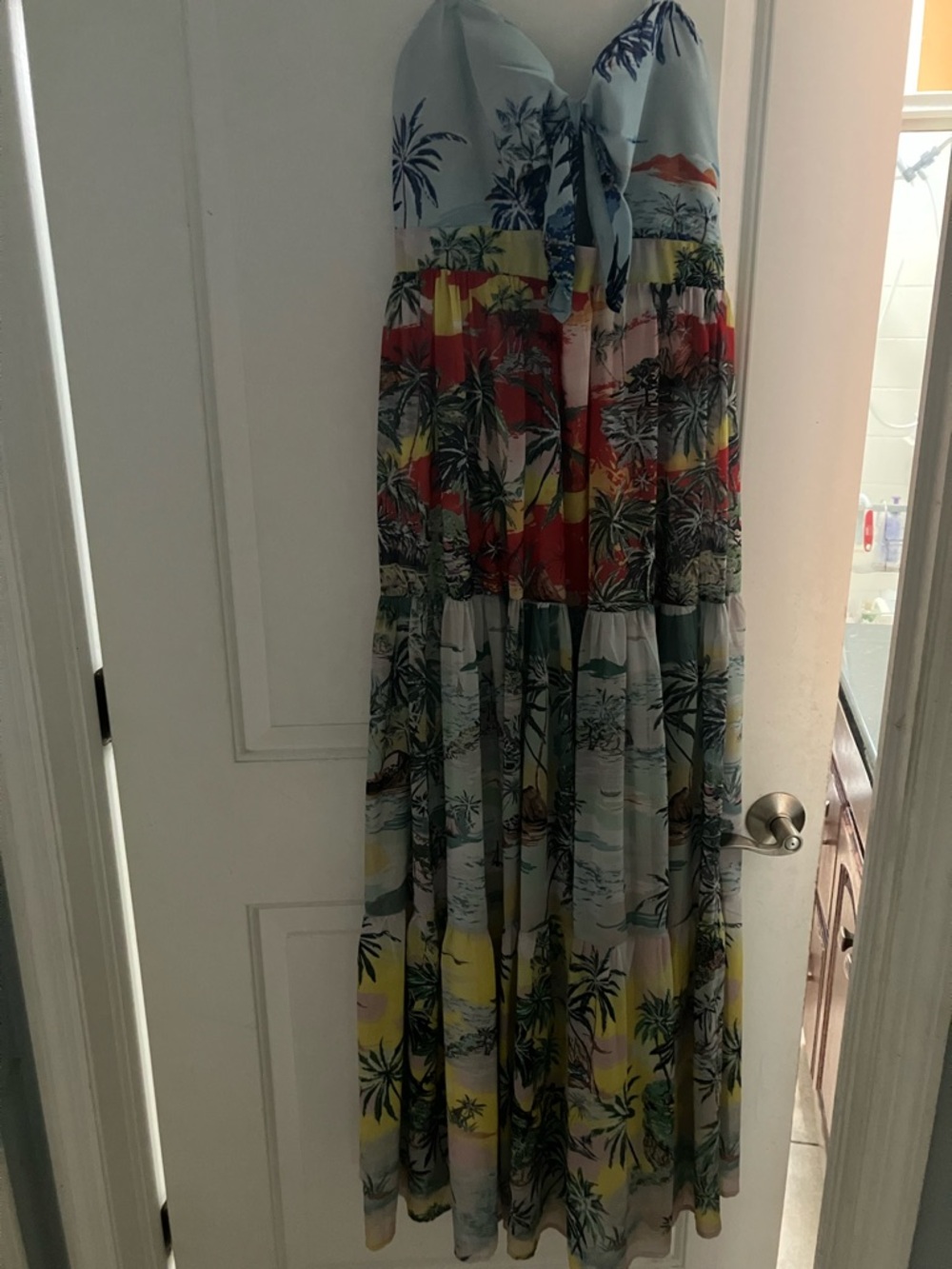 Tropical Print Maxi Dress in Pastel Blue, Red & Yellow